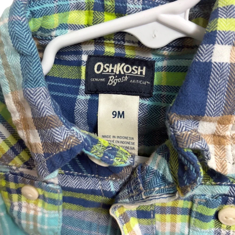 OshKosh B'gosh Plaid Flannel Blue Green Button Down Long Sleeve Shirt 9M